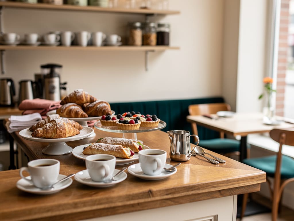 Interno della caffetteria con tazze di espresso e pasticceria fresca