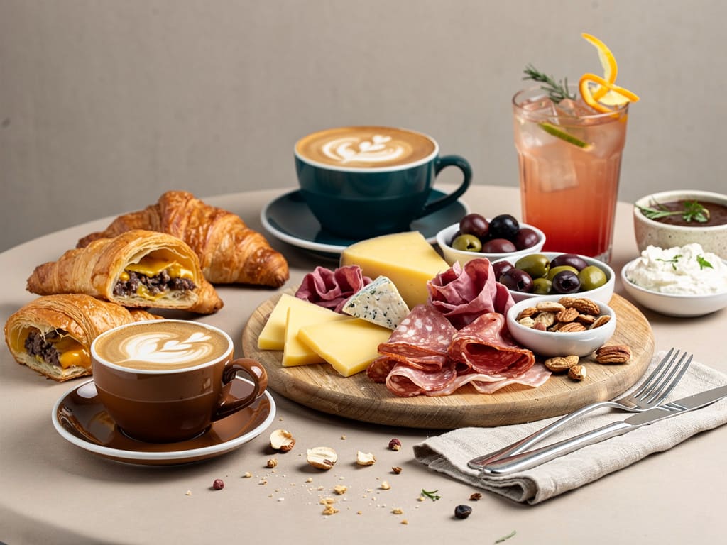 Espresso, cappuccino, cornetti farciti e aperitivo su un tavolo della caffetteria