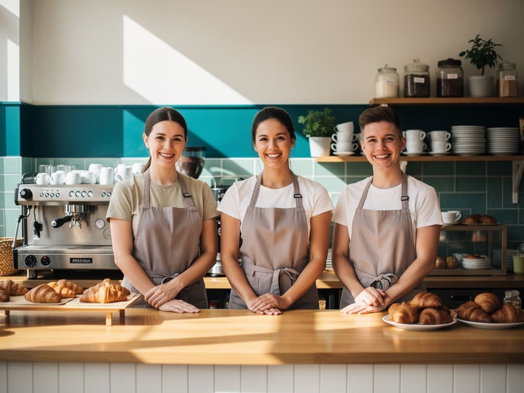 Tre membri del team dietro al banco della caffetteria